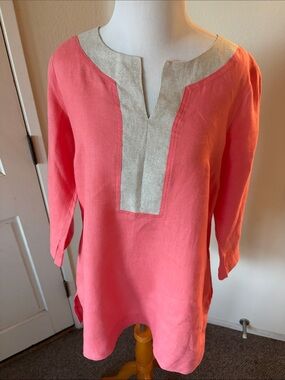 I Linen Coral Tunic Top with Metallic Trim - Women's
